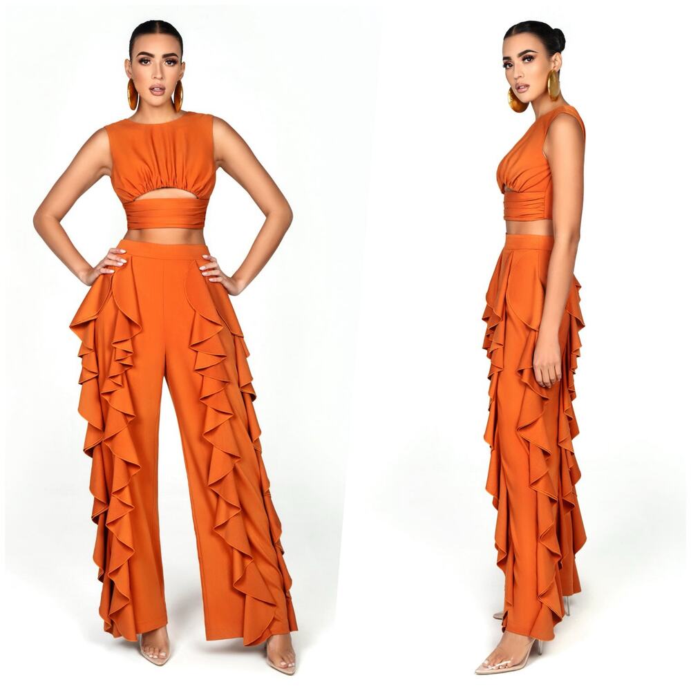 BFYNE | Women | Dara Cascade Ruffle Orange Sleeveless Cropped Top Pant Set | S-M - Picture 14 of 15